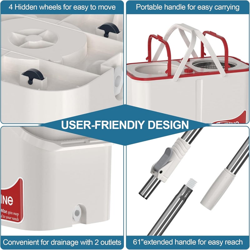 RinseWise Store Gen 1 Large-Capacity Spin Mop and Bucket – for Big Homes & Deep Cleaning Days,4-Chamber System Separates Dirty & Clean Water, 2-GAL Heavy-Duty Design with Wheels & 6 Refill Mop Heads - White/Red - Image 5